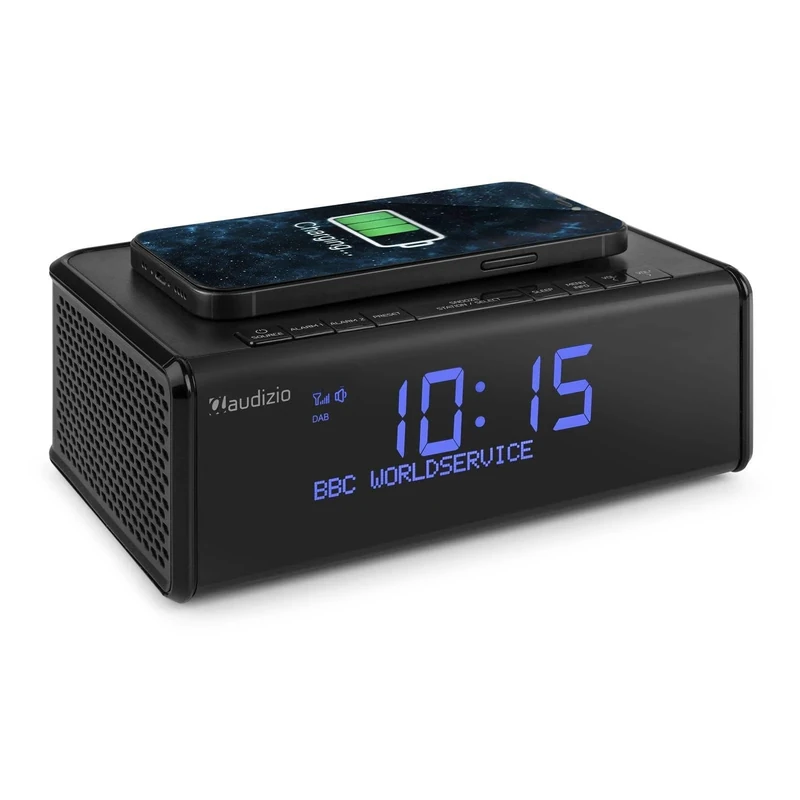 Audizio Cuneo Digital Alarm Clock DAB Radio with DAB+, Bluetooth, FM & Wireless Phone Charging - LCD Dimming Display, Dual Alarm, Snooze & USB Charging Port for Bedroom, Home, Office (Black)