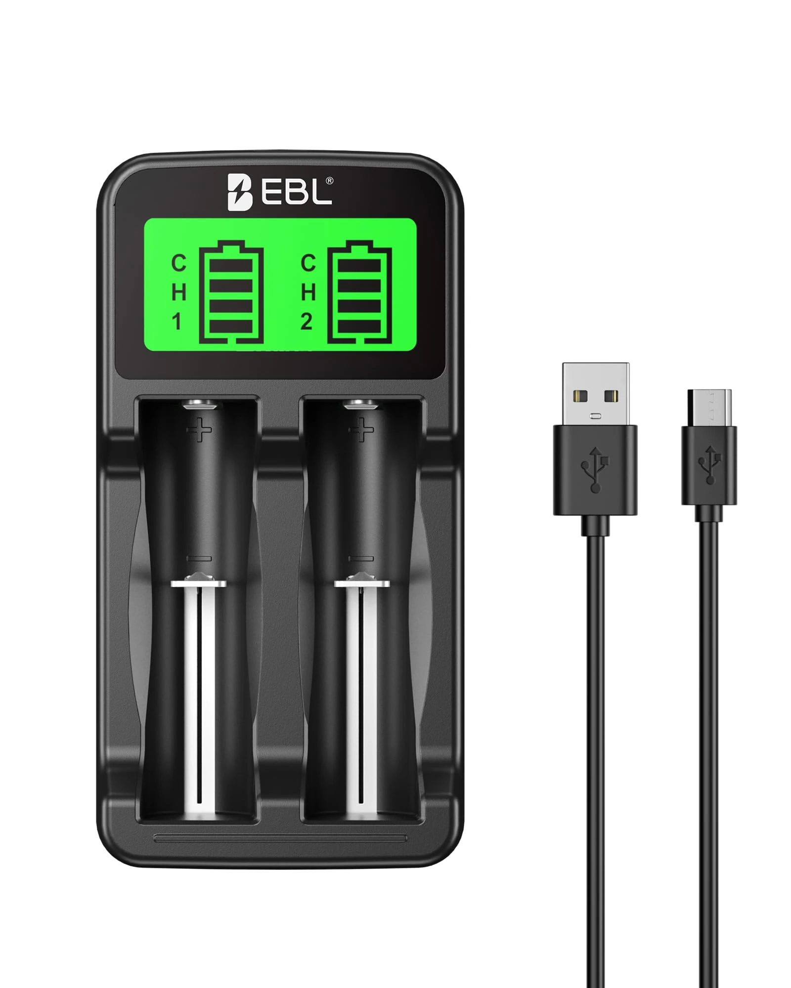 EBL Universal 18650 Battery Charger for 3.7V Lithium ion Rechargeable Batteries 26650 22650 18650 18490 18350 17670 17500 16340 (RCR123) 14500 and 1.2V Ni-MH Ni-CD Rechargeable AA AAA C Batteries