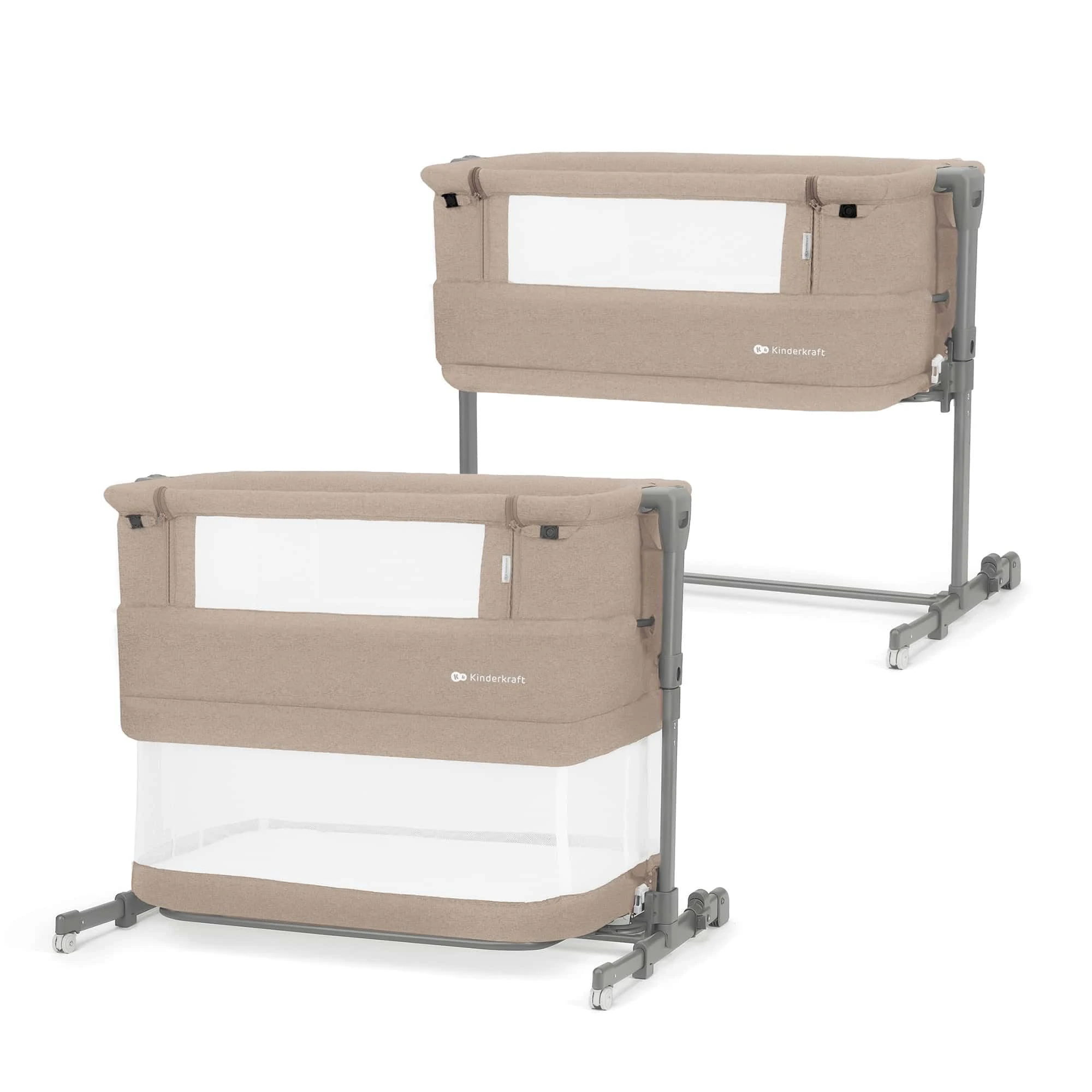 Kinderkraft Neste Grow 3-in-1 Co-Sleeping Cot for Baby, with Mattress, Easy Adjustment, From Birth to 2 Years, Good Air Circulation, Wheels, Beige