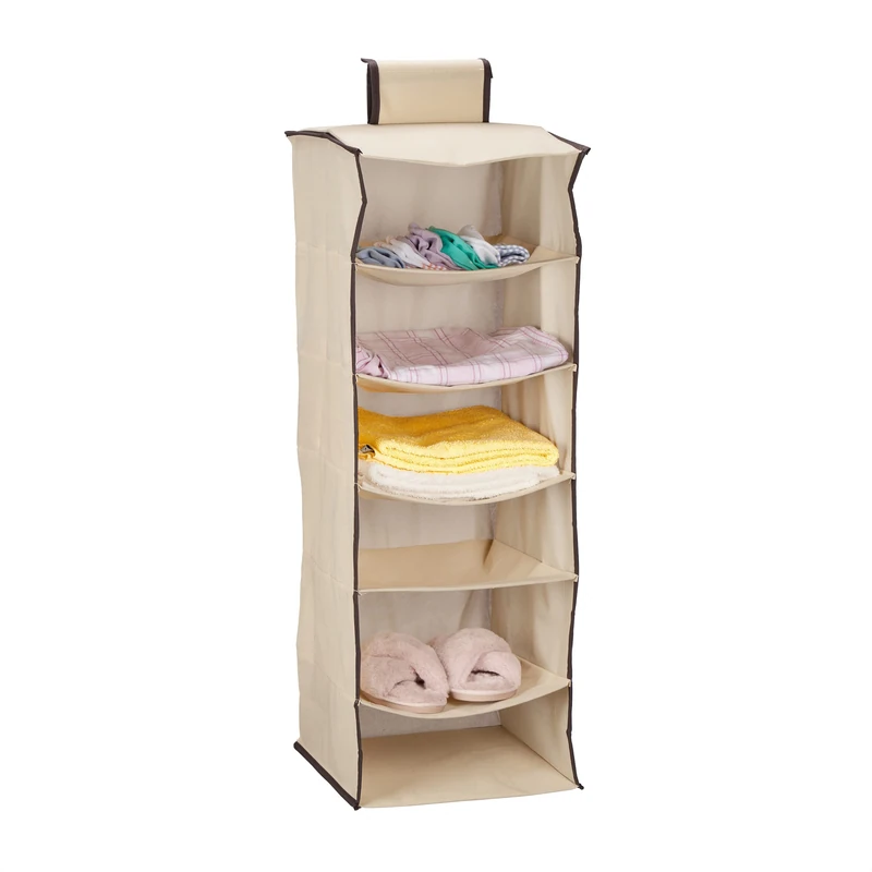 Relaxdays Hanging Shelf for Wardrobe, 6 Compartments, Fabric Storage, HxWxD: 96 x 32 x 31 cm, Clothes Organiser, Beige, Fleece