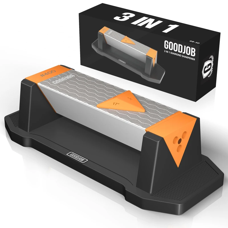 Goodjob Diamond Sharpening Stone 3 Side Grit 400/1000/8000 Premium Industrial Diamond & Ceramic Whetstone Knife Sharpener Suitable for Steel of Any Hardness with Angle Guide and Non-Slip Base
