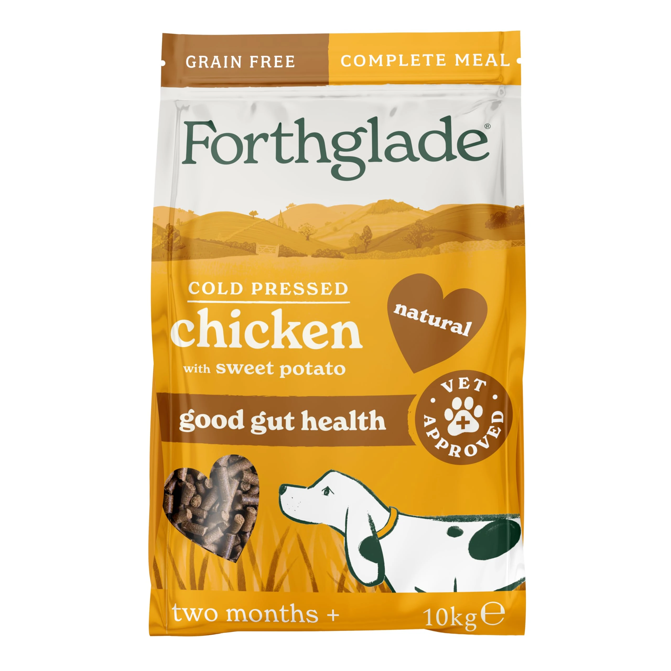 Forthglade Complete Natural Dry Dog Food - Grain Free Chicken with Vegetables (10kg) Resealable Bag - Easy to Digest Cold Pressed Dog Food for Puppy, Adult and Senior Dogs, Brown
