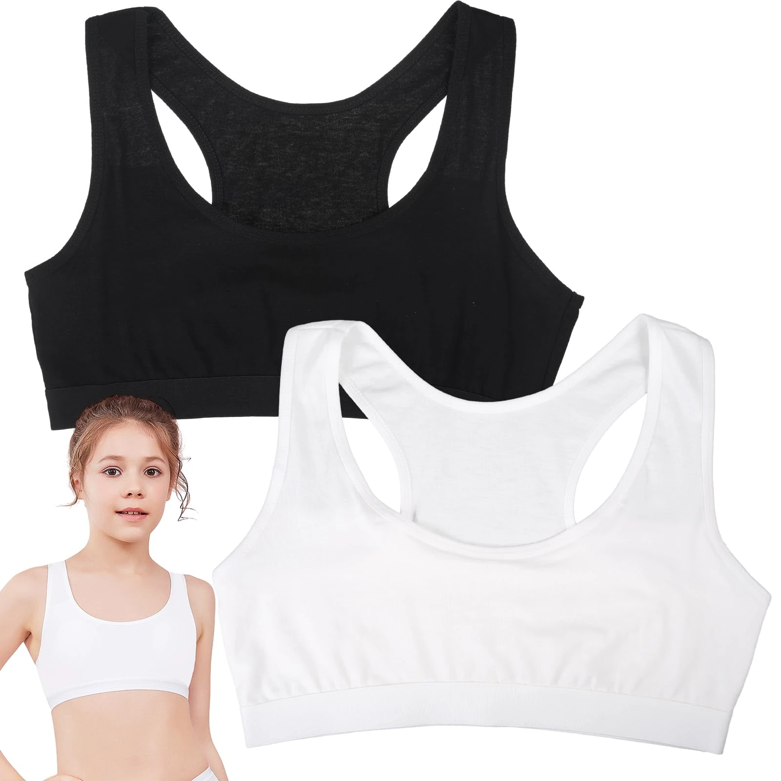 UICCVOKK Girls Sports Bra, Sports Bra for Girls First Bra for Girls 9-14 Years Sports Training Seamless Girls Bras Teenage Bra Top Non Padded Cotton Crop Tops for Girls 30-50kg, 2 Pcs