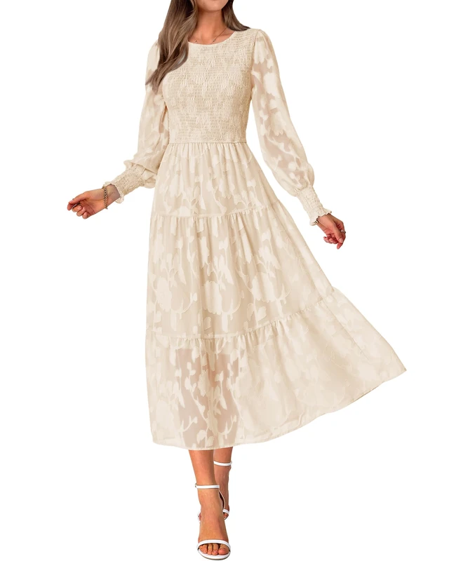 BTFBM Wedding Guest Dresses for Women Fall Fashion 2025 Casual Long Sleeve Floral Maxi Boho Homecoming Dress, Apricot, S