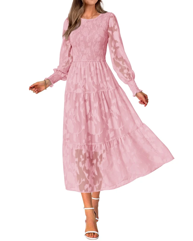 BTFBM Wedding Guest Dresses for Women Fall Fashion 2025 Casual Long Sleeve Floral Maxi Boho Homecoming Dress, Light Pink, S