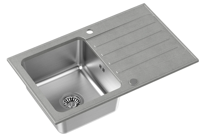 QUADRON Kenneth 111 Single Sink with Steel Chamber Granite and Stainless Steel with Siphon and Screw Cap with Draining Board Grey Size 78 x 48 cm