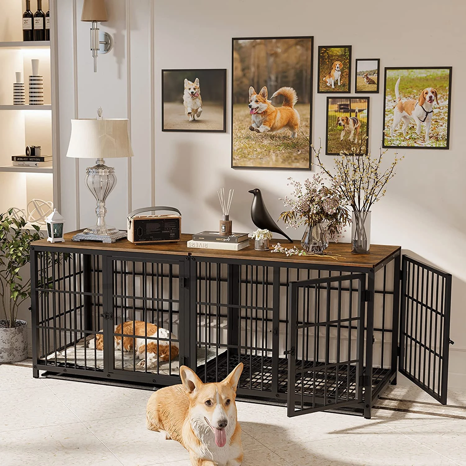 Heavy Duty Dog Crate Furniture: 72Inch Chew Resistant TV Stand Style Doggie Metal Crate with 3 Doors - Inside Dogs Wooden Training Cages with Wire Bottom Removable Tray for Large Dogs Rustic Brown