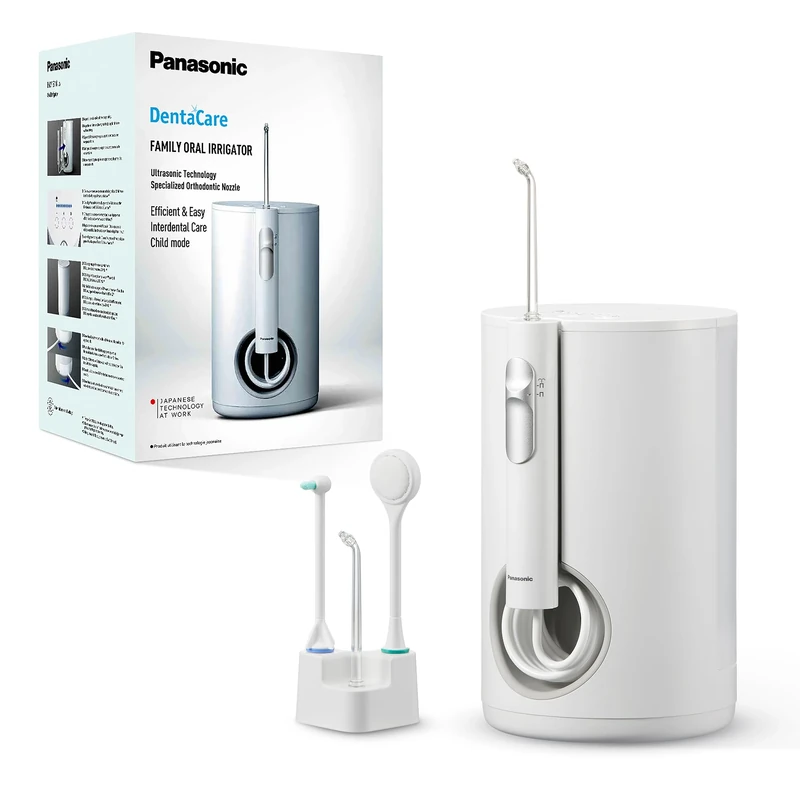 Panasonic EW1614AW503-PACK Family Dental Oral Irrigator, Ultrasonic Jet, Child Mode, 10 Pressure Settings, IPX7, Orthodontics, 5 Nozzles, Mains Powered, White