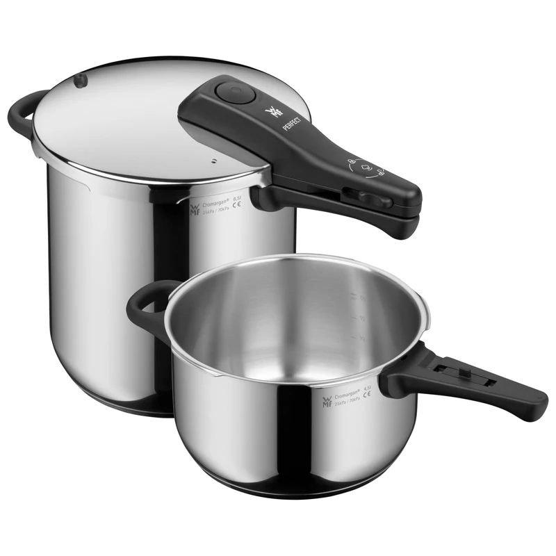 WMF Perfect – Quick Cooker Set Ø 22 cm Diameter of 8 litres and a Half + 4 Litre Body, with Flame Protection, Cromargan Stainless Steel Suitable for Induction