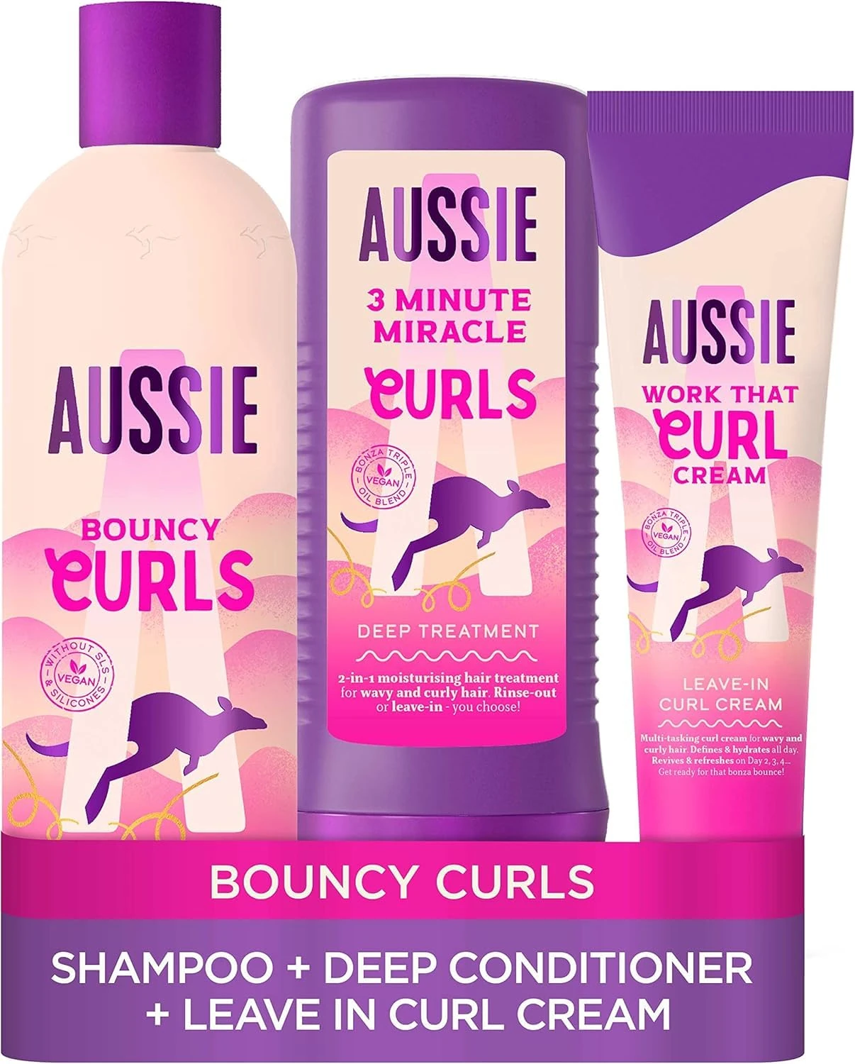 Aussie Bouncy Curls Set with Shampoo, Conditioner & Leave In Conditioner Curl Cream (300/225/160ml). Moisturize Curly & Wavy Hair, Anti-Frizz. With Coconut, Jojoba & Macadamia Nut Oil, Silicone free.