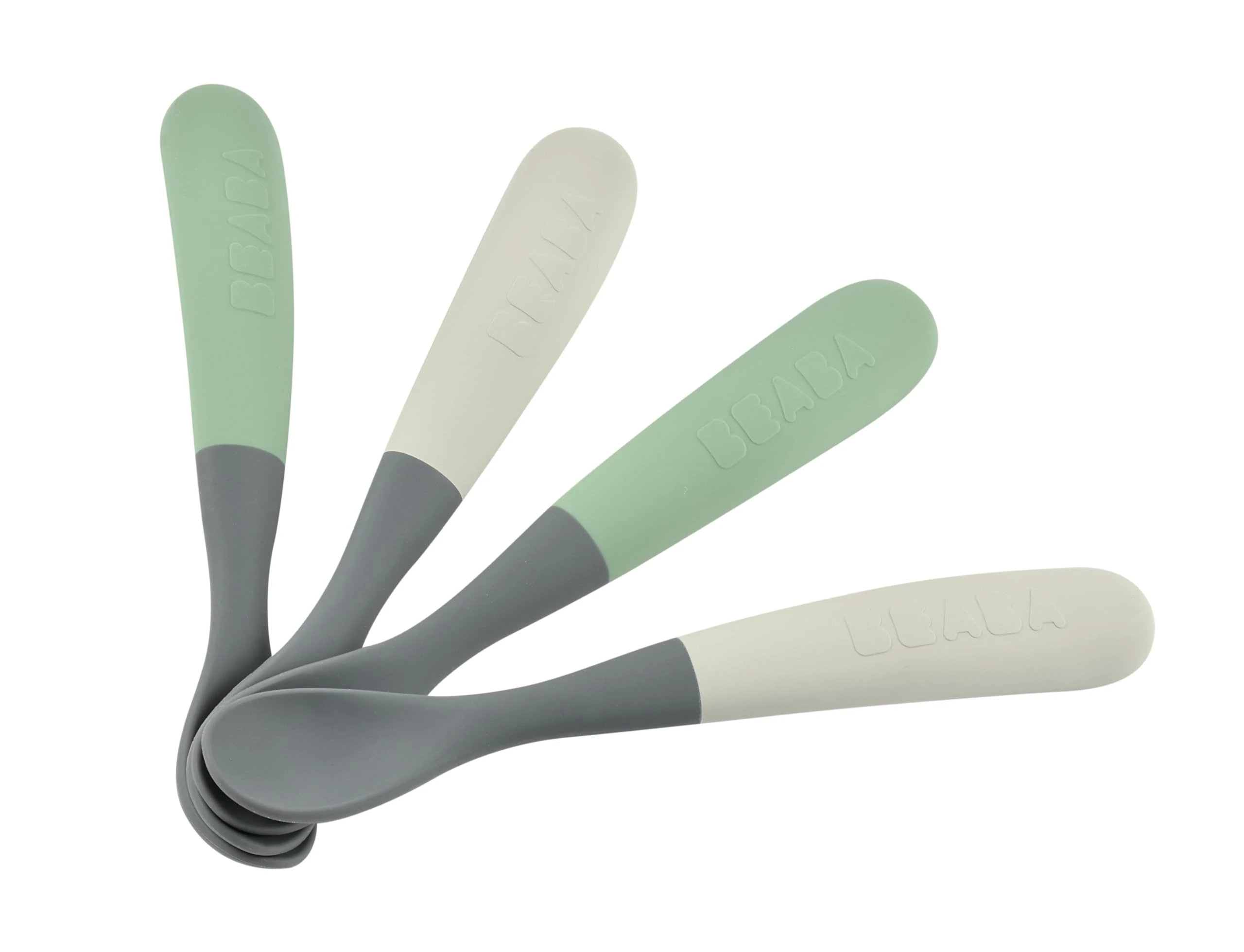 BEABA, Set of 4 Silicone Baby/Toddler Spoons, 1st Age, from 4 Months, Soft, Rounded tip, Long Ergonomic Handle, Easy Grip, Matt Silicone, No Discoloration, Sage/Mineral