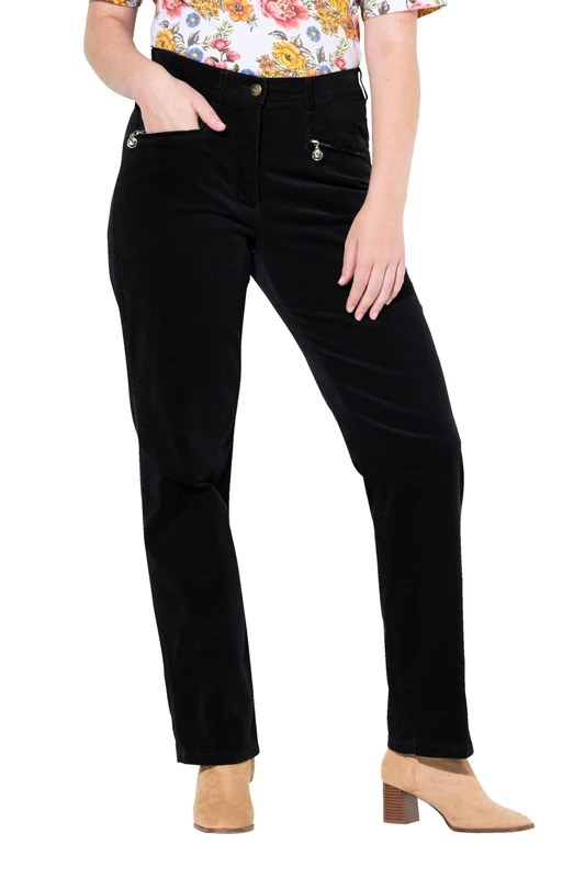 Ulla Popken Women's Mony Corduroy Trousers, Partially Elastic Waistband Pants, Black, 16-18