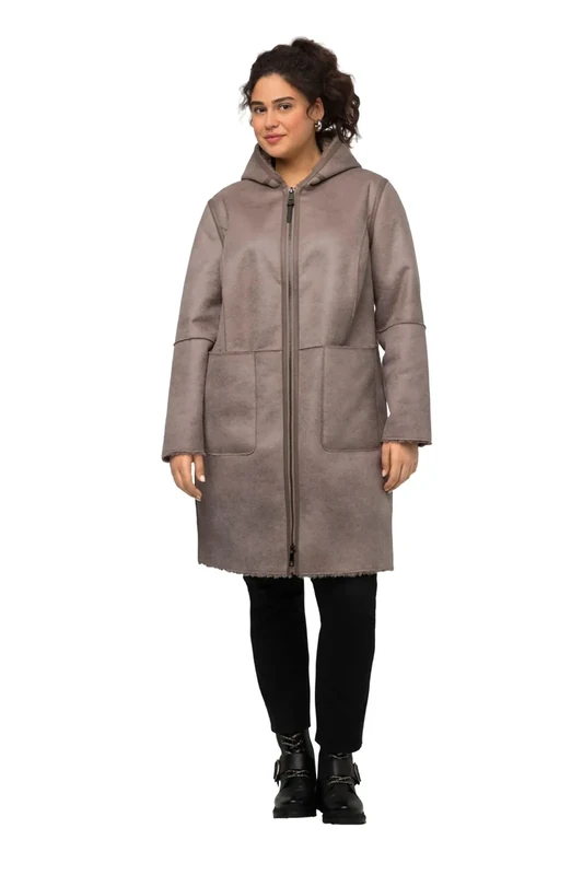 Ulla Popken Women's Shearling-Mantel mit Kapuze Coats, Stone Grey, 20-22