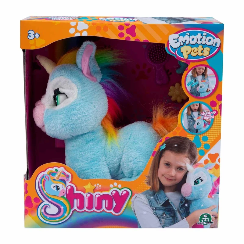 Giochi Preziosi Emotion Pets Shiny Unicorn Plush, Children's Toys 3 Years +, Interactive Plush Toy with Brush and 2 Coloured Clips Included, Blue and Rainbow Mane and Tail