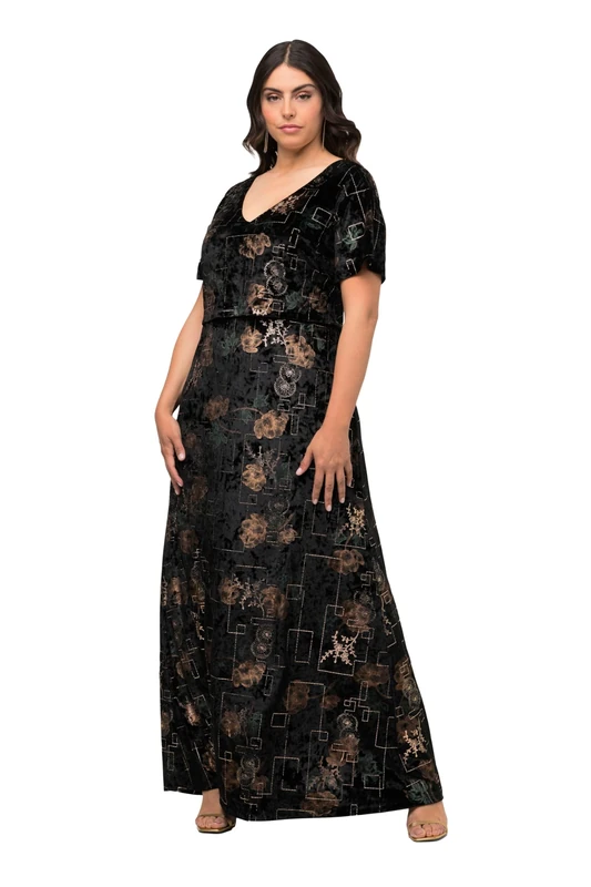 Ulla Popken Women's Abendkleid aus SAMT mit Foilprint Dresses, Black, 16/18