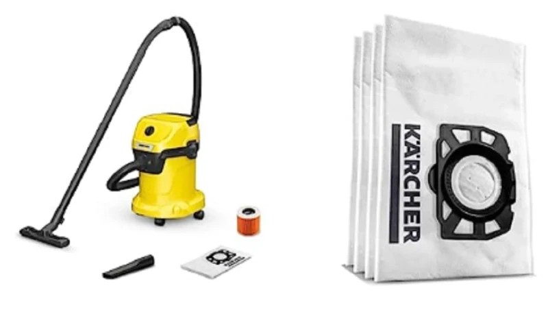 Bundle of Kärcher 16281030 Wet & Dry Vacuum Cleaner WD 3, blower function, power: 1000W, plastic container: 17L, suction hose: 2m, incl. cartridge filter + Kärcher Original Fleece Filter Bags