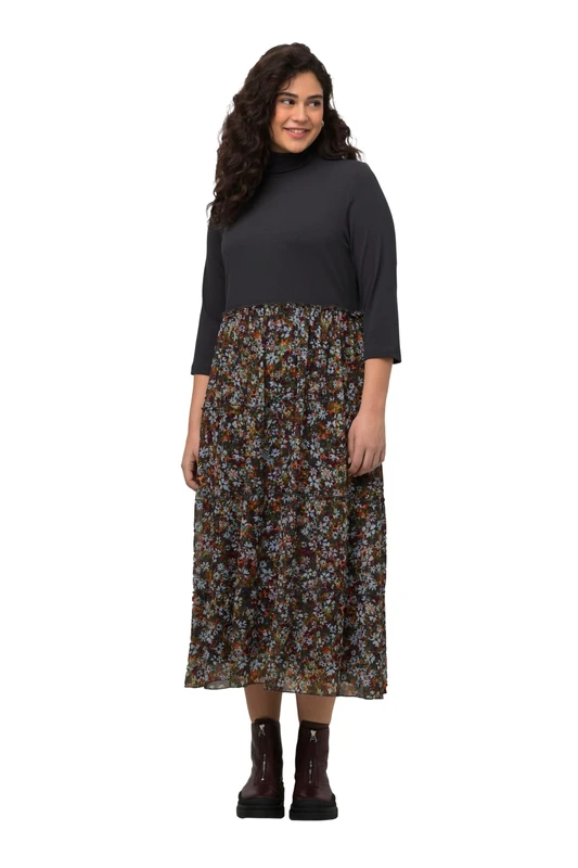 Ulla Popken Women's Mesh Dress with Ribbed top, Asphalt, 20-22