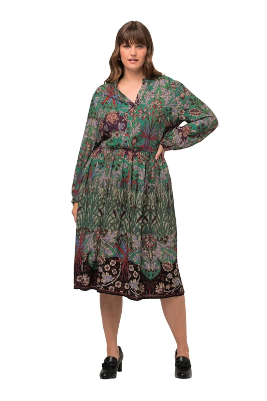 Ulla Popken Women's Midikleid V-Neck Print Dresses, Dark Brown, 16/18