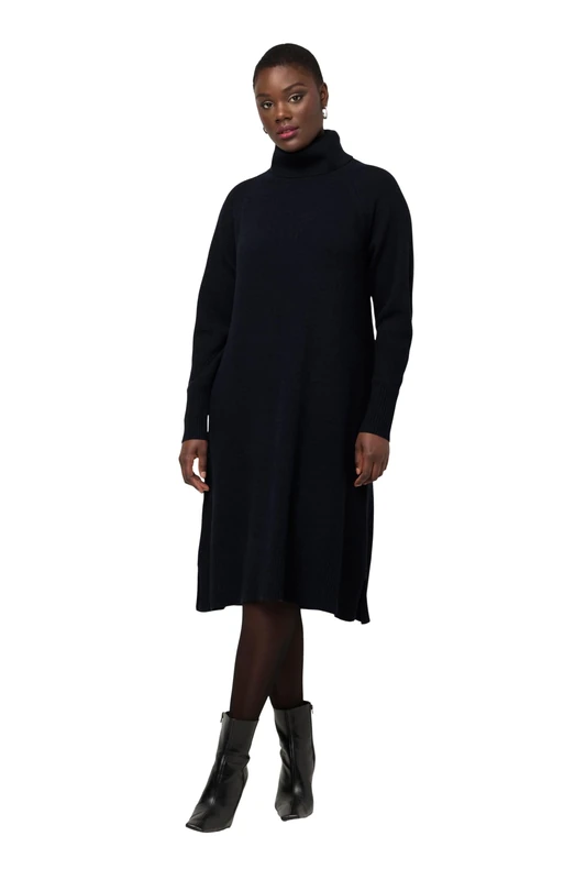 Ulla Popken Women's Knitted Dress with Turtleneck and Slit, Navy, 20-22