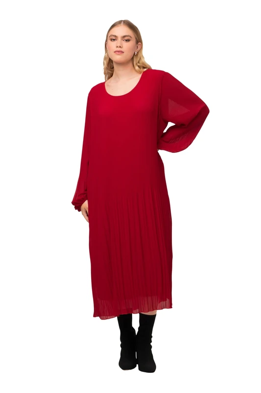 Ulla Popken Women's Pleated midi Dress, A-line, Round Neck, Long Sleeves, red, 24-26