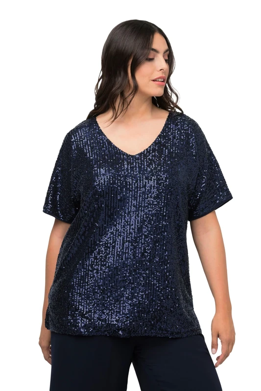Ulla Popken Women's Sequin Shirt with Cut On Sleeve T-Shirt, Navy, 28/30 Plus