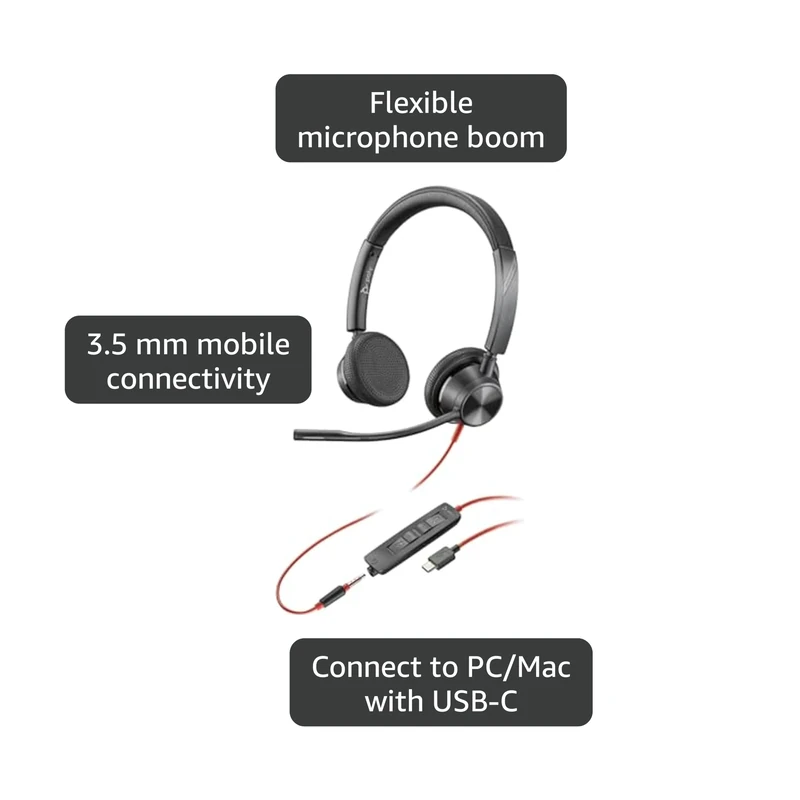Poly Blackwire 3325 Wired Headset – Flexible Microphone Boom – Hi-fi Stereo - Connect to PC/Mac/Mobile via USB-C, USB-A, or 3.5 mm - Works with Teams, Zoom