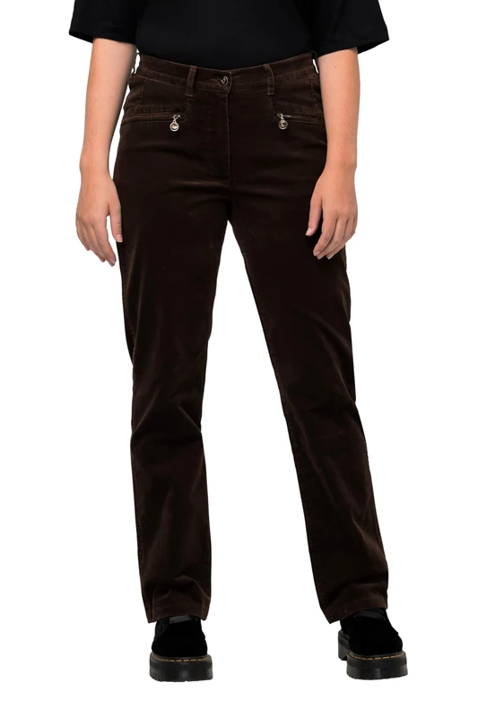 Ulla Popken Women's Mony Corduroy Trousers, Partially Elastic Waistband, Dark Brown, 20 Plus Size Tall