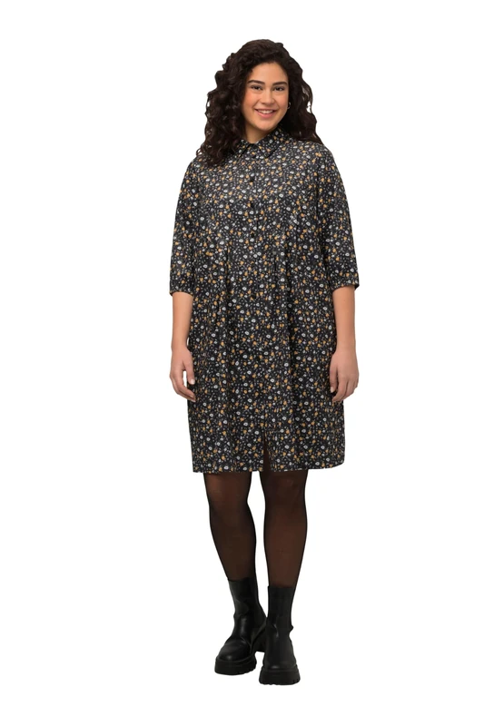 Ulla Popken Women's Floral Dress Made of Corduroy, Black, 24-26