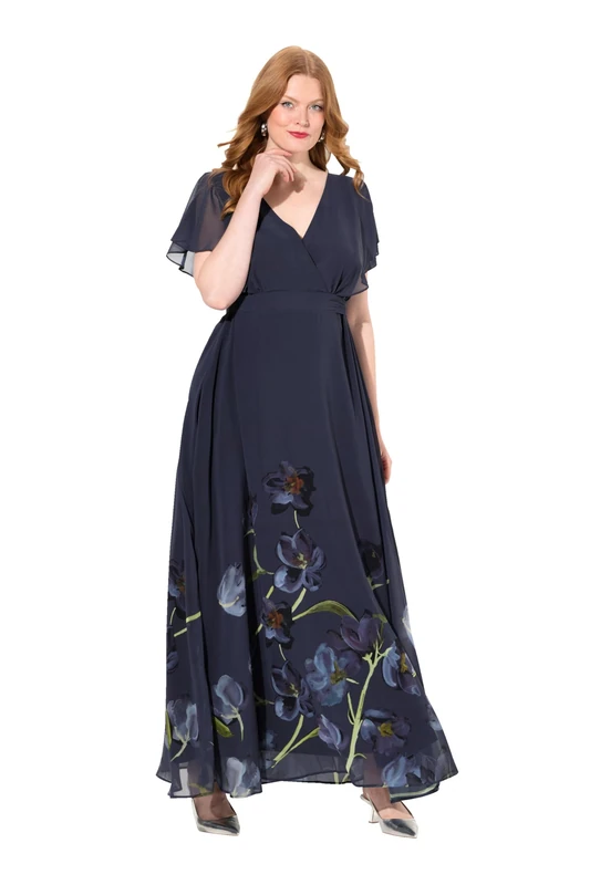 Ulla Popken Women's Floral Print and Tie Belt Dresses, Midnight Blue, 24-26