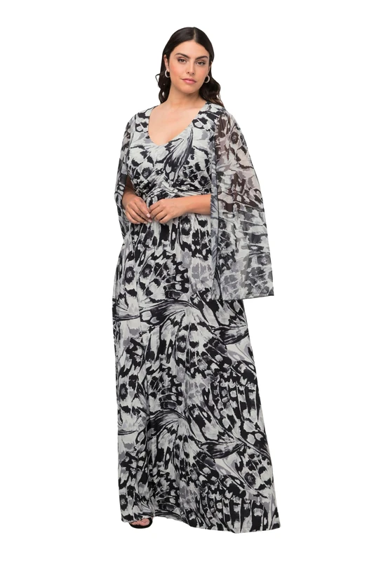 Ulla Popken Women's Kleid mit Flügelärmel und Print Dresses, Black, 28-30