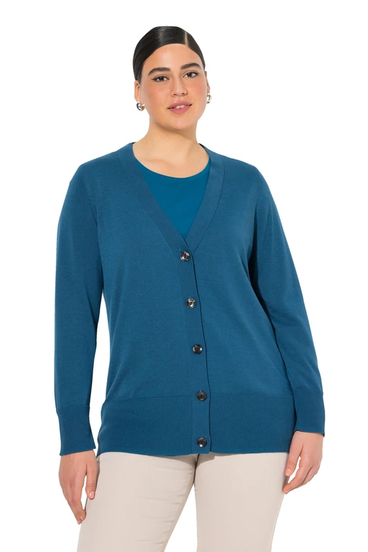 Ulla Popken Women's Cardigan, V-Neck, Button Placket, fine Knit Sweater, Blue-Green, 24-26