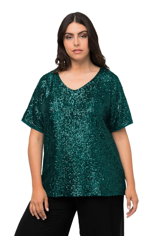 Ulla Popken Women's Sequin Shirt with Articulated Sleeve T-Shirt, Blue, 24