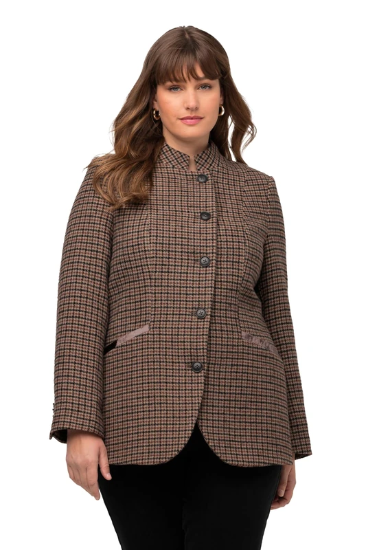 Ulla Popken Women's Checked Jacket with Velvet Collar Blazer, Dark Brown, 16 Plus Size