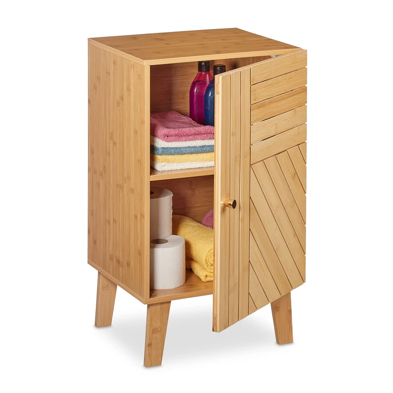 Relaxdays Bathroom Cabinet, Free-standing, Wooden, Bamboo, Adjustable, Storage, Cupboard, HxWxD: 70 x 40 x 37cm, Natural