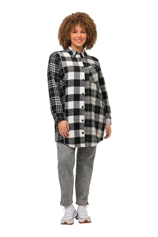 Ulla Popken Women's Checked Shacket Indoor Jackets, Black, 50-52 Große Größen