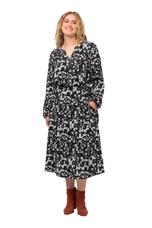 Ulla Popken Women's Dress with All-Over Graphic Print, Black, 20-22