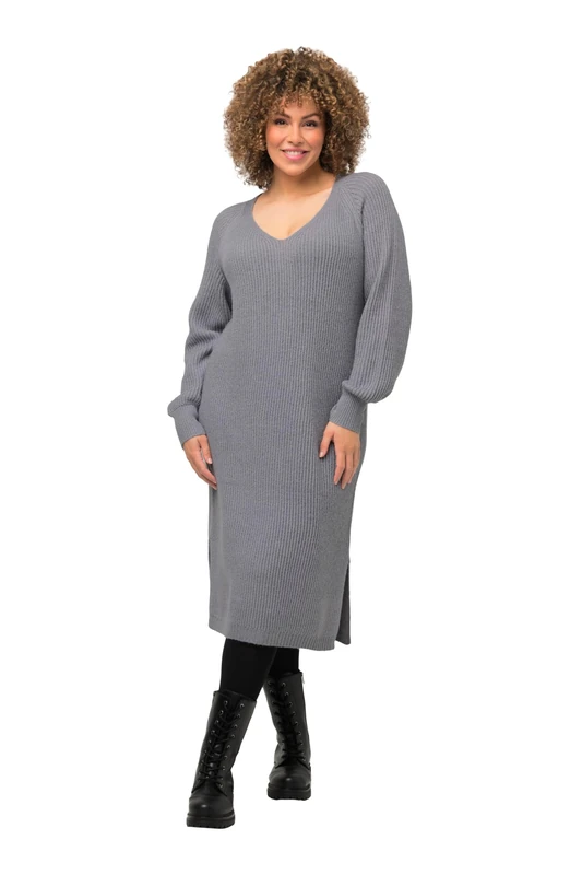 Ulla Popken Strickkleid, V-Neck Dresses, Grey Melange - Image 1