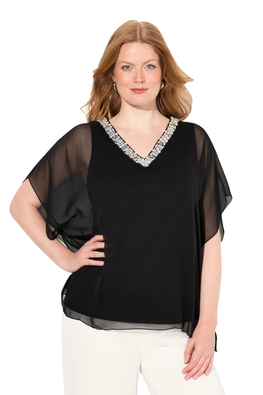 Ulla Popken Women's Chiffon Blouse with Decoration, Black, 24-26