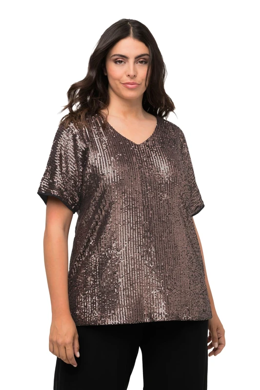 Ulla Popken Women's Sequin Shirt with Cut On Sleeve T-Shirt, Matte Gold, 28/30 Plus