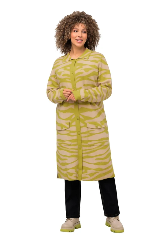 Ulla Popken Women's Zebra Print Cardigan, Green Yellow, 24/26