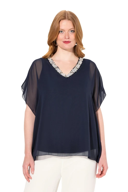 Ulla Popken Chiffonbluse mit Beschmückung Blouse, Navy