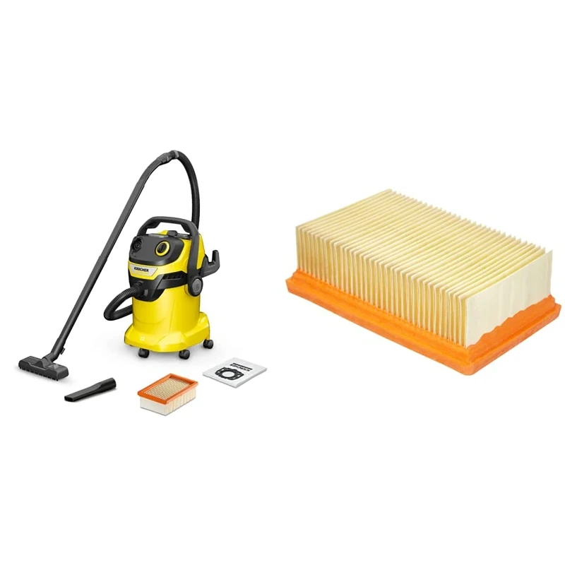 Bundle of Kärcher 16283020 Wet & Dry Vacuum Cleaner WD 5, blower function, power: 1100w, plastic container: 25 L, suction hose: 2.2 m + Kärcher Original Flat Pleated Filter KFI 4410: 1 piece