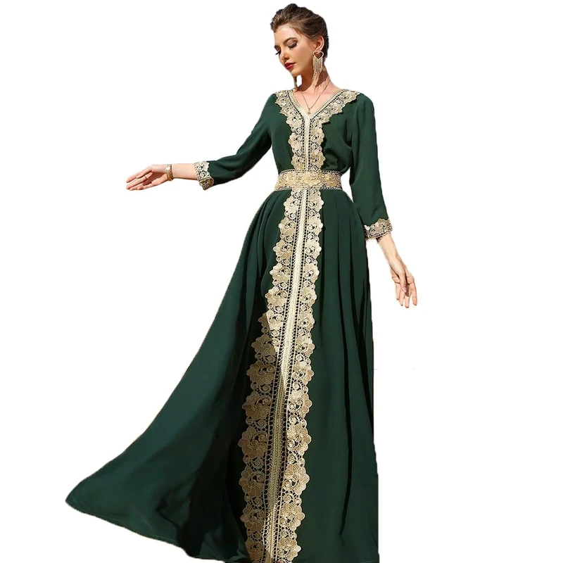 PolyJolly Gold Applique for Women Dubai Fancy Moroccan Arabic Jalabiya Eid Dress, Jasper, Medium - Image 1