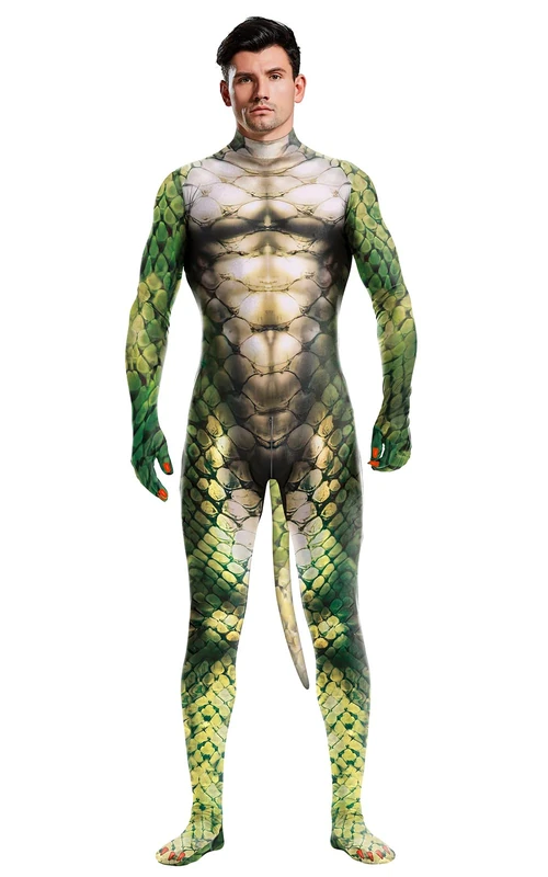 Bemeiren Men's Animal Bodysuit Costume with Big Tail Print Petsuit Spandex Furry Jumpsuit Cosplay Halloween Party, Green Cobra Print, X-Large