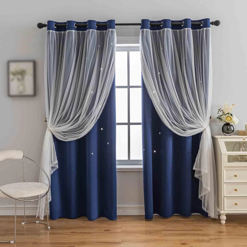 Anytime Romantic Kids Blackout Curtain, Hollow-Out Stars Window Curtain Double Layer Blackout Curtains for Girls Bedroom Kids Room 2Panel, (W52 x L95, Navy Blue)