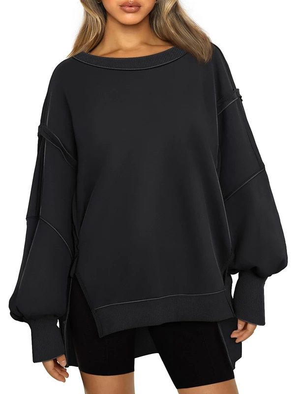 Trendy Queen Womens Oversized Sweatshirts Hoodies Crewneck Shirts Fall Outfits Fashion Teen Girls Y2k Winter Clothes, Black, S