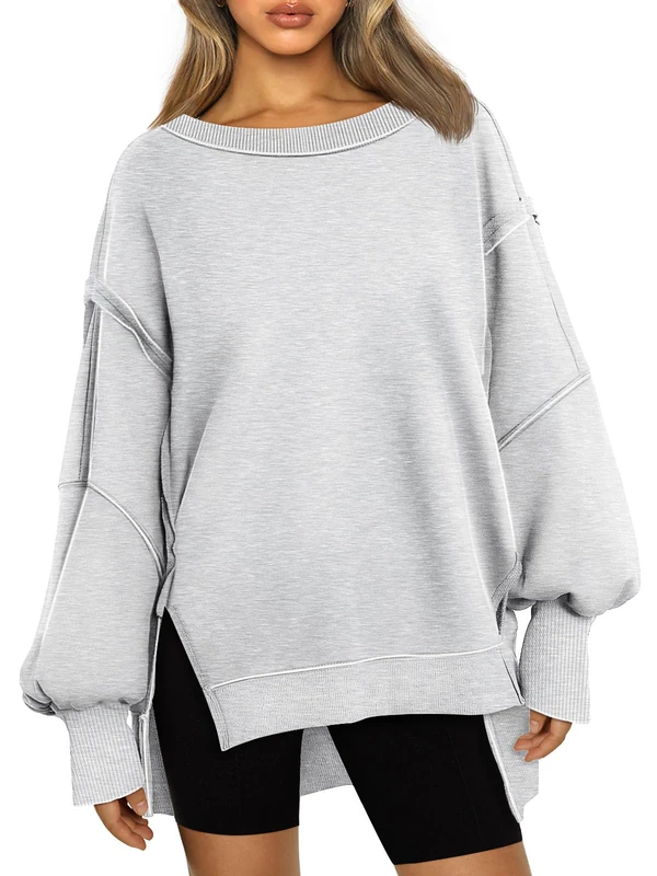 Trendy Queen Womens Oversized Crewneck Sweatshirts Hoodies Fall Outfits Fashion Teen Girls Y2k Winter Clothes, Grey, Large - Image 1