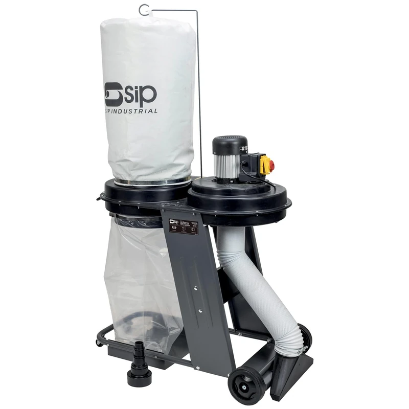 SIP Single Bag Dust Extractor Collector with Attachments for Woodworking Workshop, 230V 550W, 57L Capacity, 1200m³/hr Air Flow, 5 Micron Filtration with Floor Vacuum Attachment & Extraction Hose