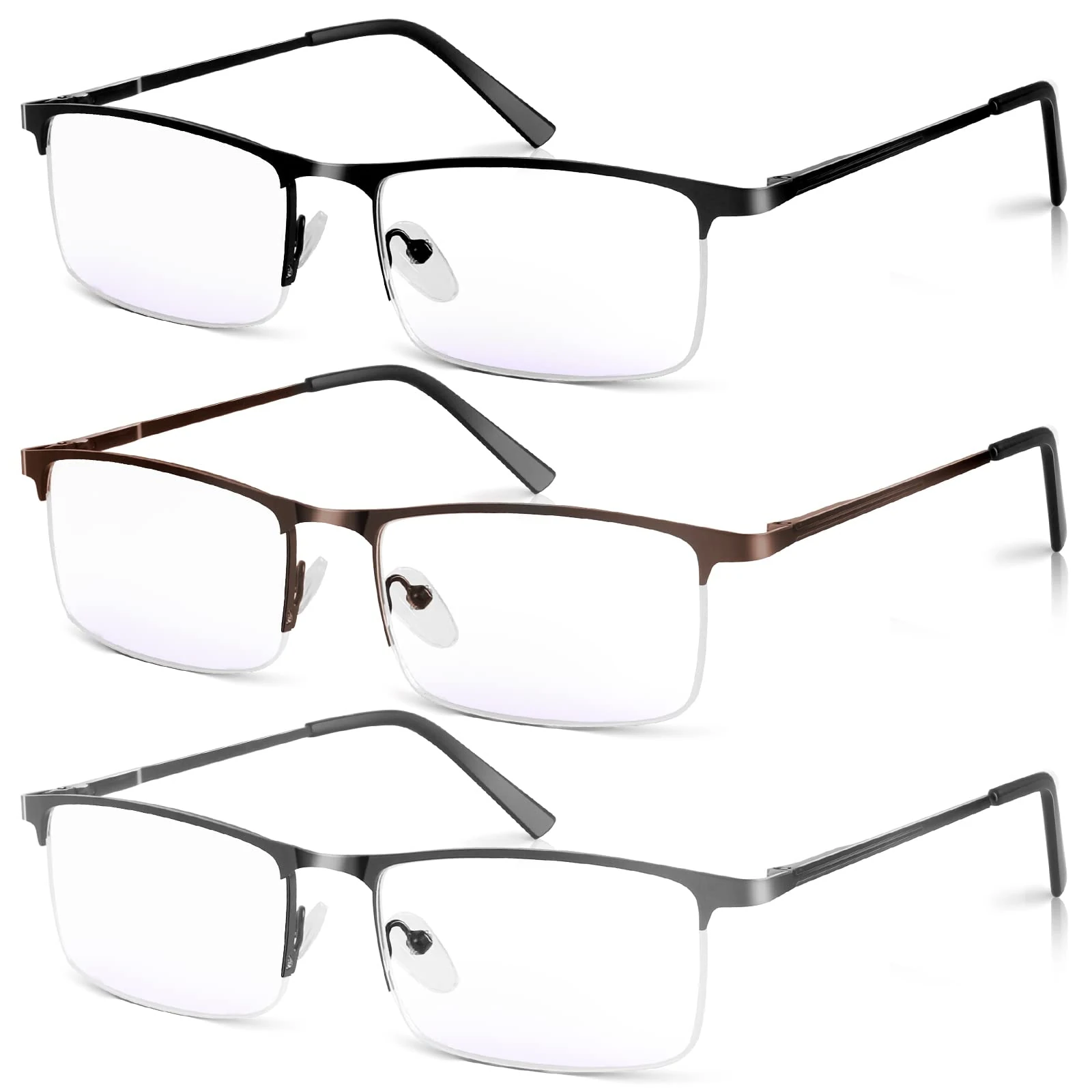 Xnourney 3 Pack Blue Light Blocking Reading Glasses for Men, Stylish Half Frame Metal Computer Readers, Lightweight Spring Hinge Eyeglasses Anti Eyestrain/Glare/UV (Mix Color, Black+Grey+Brown, 2.5)