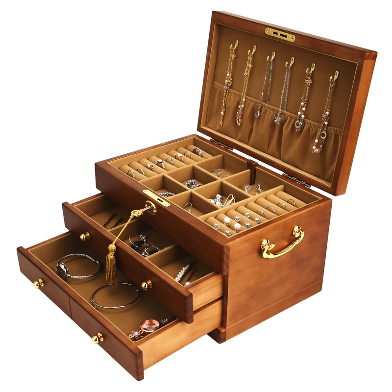 EURIELK Wooden Jewelry Box with Lock and Key for Women, 2 Drawers Medium Size Real Natural Wood Lockable Antique Girls Organizer Boxes with Large Storage, Ring Compartments, Built in Necklace Hooks